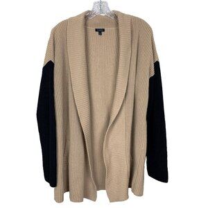 Talbots Womens L Cardigan Sweater Camel Black Colorblock Lambswool Minimalist
